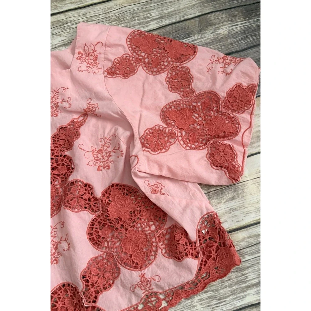 Anthropologie Cotton Puff-Sleeve Cutwork Blouse XL Peach